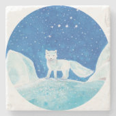 小型北極キツネ(フクレンソウ)イラストレーション ストーンコースター (正面)