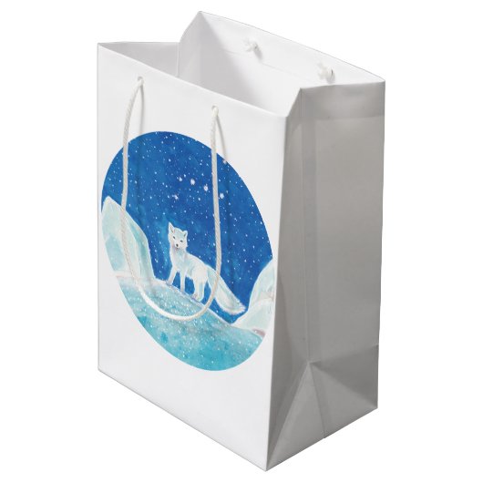 小型北極キツネ（フクレンソウ）イラストレーション ミディアムペーパーバッグ (裏面アングル)