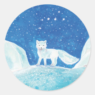 小型北極キツネ（フクレンソウ）イラストレーション ラウンドシール