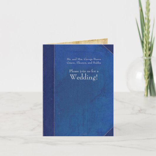 小型折り畳みヴィンテージブルーブック結婚式招待状 招待状 (正面)