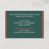 小売業者のティール（緑がかった色）グリーン&オレンジ色卒業キャップ 名刺 (裏面)