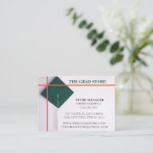 小売業者のティール（緑がかった色）グリーン&オレンジ色卒業キャップ 名刺 (スタンド正面)