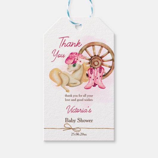 小女性のカーボーイの赤ちゃん感謝していシャワーあなた ギフトタグ (正面)