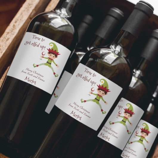 小妖精や小人おもしろいクリスマスがワインを楽しむ ワインラベル