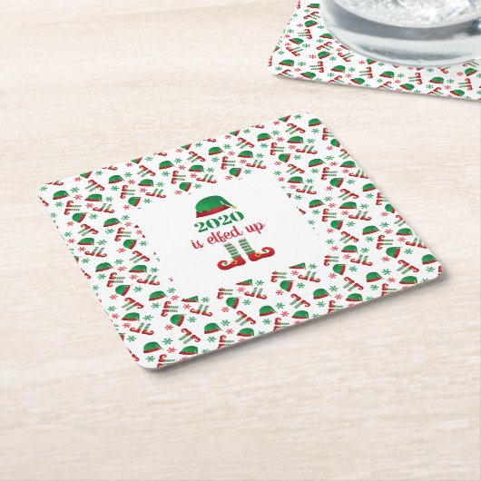 小妖精や小人おもしろいクリスマスことわざグリーンレッド スクエアペーパーコースター (アングル)
