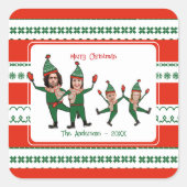 小妖精や小人おもしろいファミリーの4枚の写真レッドグリーンクリスマス スクエアシール (正面)