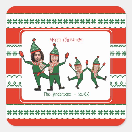 小妖精や小人おもしろいファミリーの4枚の写真レッドグリーンクリスマス スクエアシール (正面)