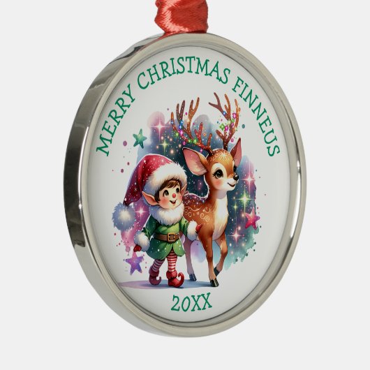 小妖精や小人お洒落とトナカイのクリスマスパーソナライズされた メタルオーナメント (右)