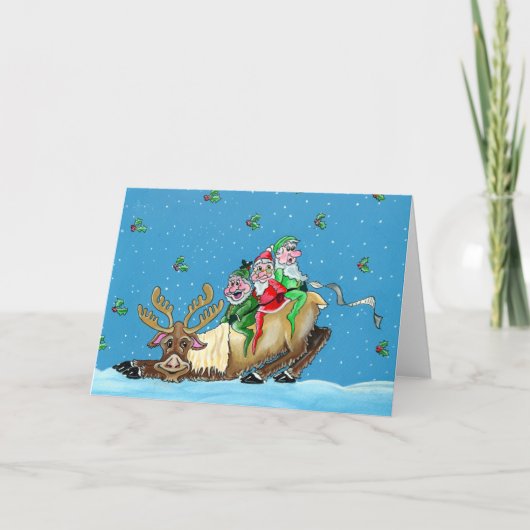 小妖精や小人とトナカイのクリスマスグリーティングカード シーズンカード (正面)