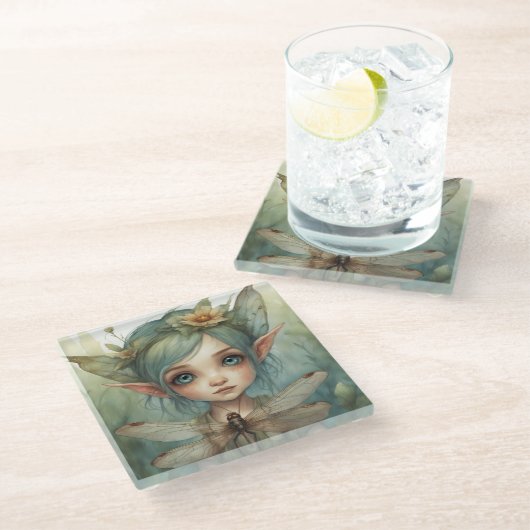 小妖精や小人とトンボ6 ガラスコースター (アングル)