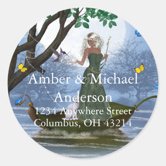 小妖精や小人とホワイトキャットファンタジー差出人住所ラベル ラウンドシール (正面)