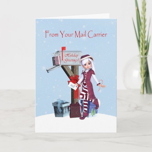小妖精や小人とメールボックスのHappy Holidays from Mail Carrier シーズンカード (正面)