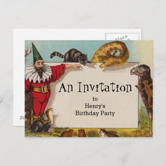 小妖精や小人と彼の動物のはがき インビテーションポストカード (正面/裏面)