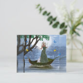 小妖精や小人と白猫が葉のファンタジーはがきに乗る ポストカード (スタンド正面)