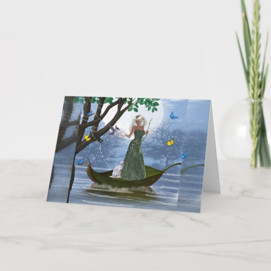 小妖精や小人と白猫が葉のファンタジーカードに乗る シーズンカード (正面)