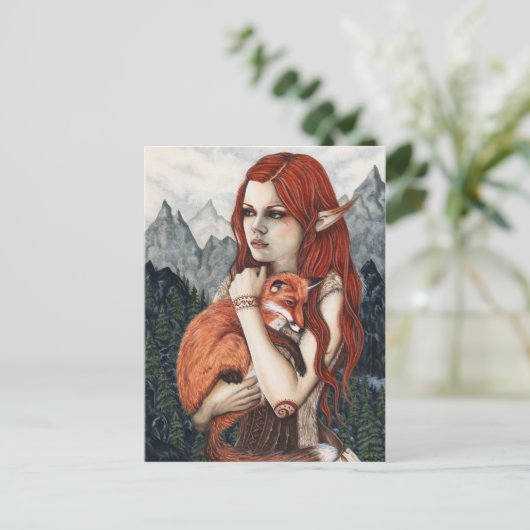 小妖精や小人のキツネのファンタジーの芸術の自然の郵便はがき ポストカード (スタンド正面)