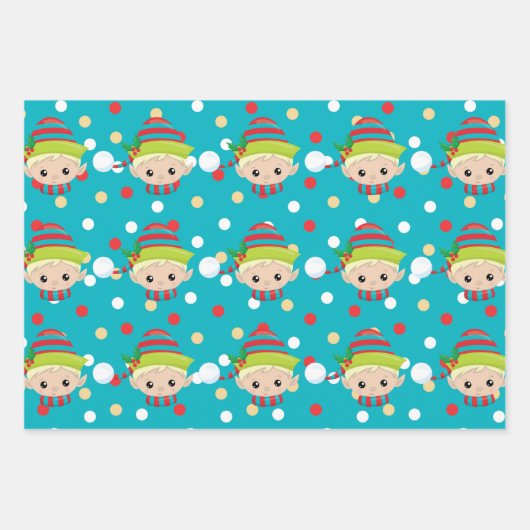 小妖精や小人の男の子の顔の足が青で雪模様 ラッピングペーパーシート (正面3)