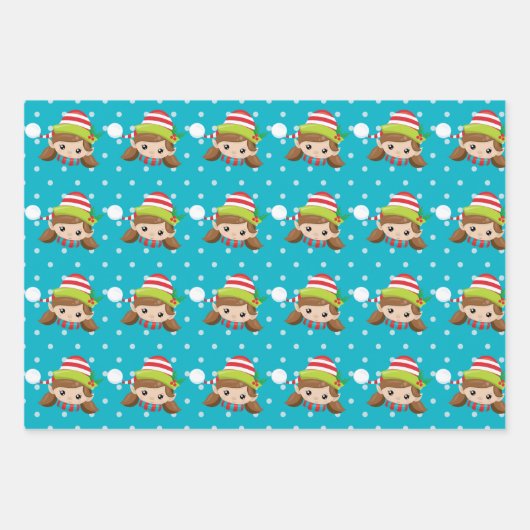 小妖精や小人の男の子の顔の足が青で雪模様 ラッピングペーパーシート (正面)