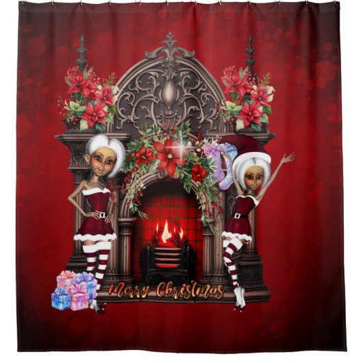 小妖精や小人はクリスマスを楽しみにしている。 シャワーカーテン (正面)