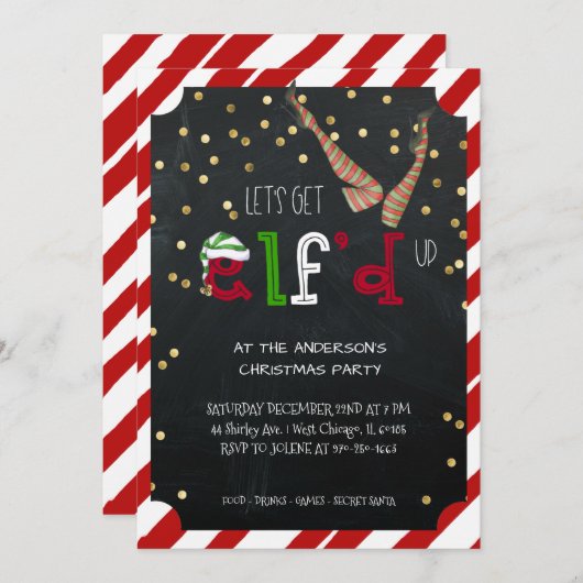 小妖精や小人をテーマにしたホリデークリスマスパーティー 招待状 (正面/裏面)