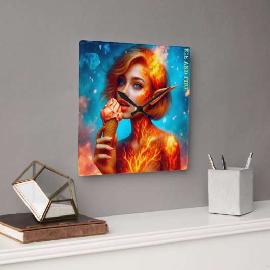 小妖精や小人アイスクリームテーマ美しい青い火ワッフル スクエア壁時計 (オフィス)