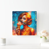 小妖精や小人アイスクリームテーマ美しい青い火ワッフル スクエア壁時計 (ホーム)