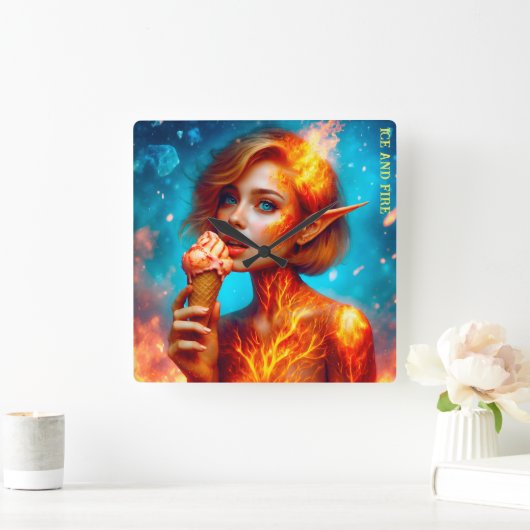 小妖精や小人アイスクリームテーマ美しい青い火ワッフル スクエア壁時計 (ホーム)