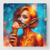 小妖精や小人アイスクリームテーマ美しい青い火ワッフル スクエア壁時計 (正面)