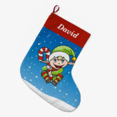 小妖精や小人オン青の大きなクリスマスストッキング ラージクリスマスストッキング (正面 (吊り時))