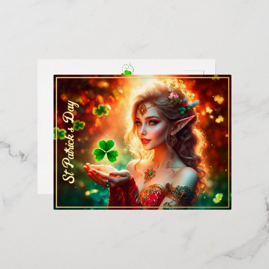 小妖精や小人ガールエレガントセントパトリックの日フローラサンシャイン 箔シーズンポストカード (正面/裏面)