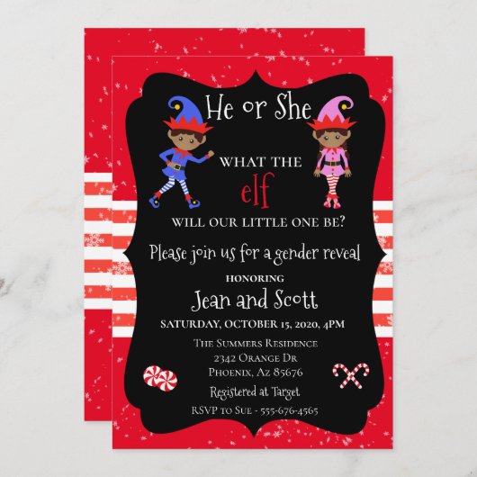 小妖精や小人クリスマスホリデージェンダーが民族を明らかにする 招待状 (正面/裏面)