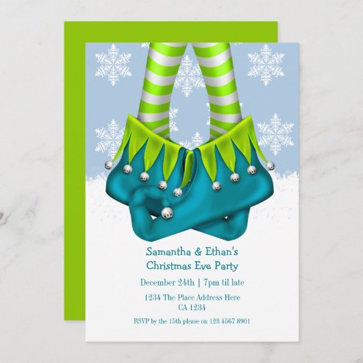 小妖精や小人ストッキングとブーツスノーフレーククリスマスパーティー 招待状 (正面/裏面)
