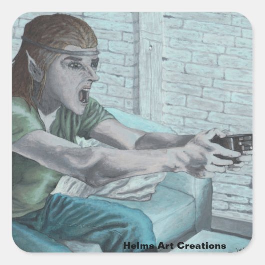 小妖精や小人ビデオゲーマーボスファイトファンタジーアートステッカー スクエアシール (正面)