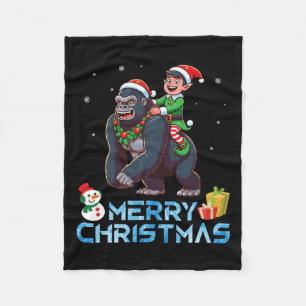 小妖精や小人ライディングゴリラ雪だるまプレゼントメリークリスマス フリースブランケット
