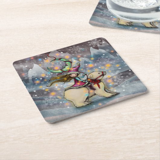 小妖精や小人ライディングポーラーベアークリスマスホリデーアート スクエアペーパーコースター (アングル)