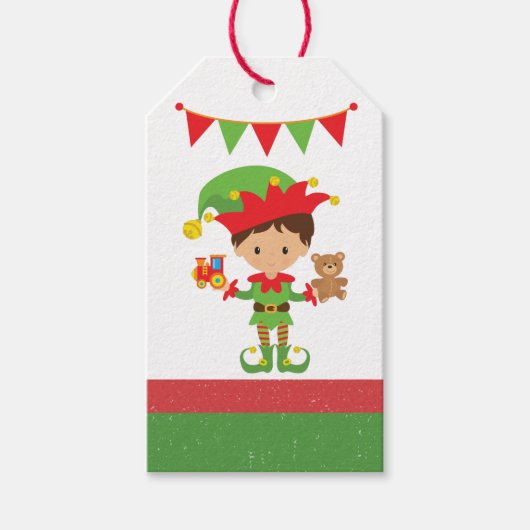 小妖精や小人付きギフト及び白い背景のラッピング紙 ギフトタグ (正面)