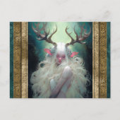 小妖精や小人女性と〔雄ジカの〕枝角ファンタジー芸術 ポストカード (正面)