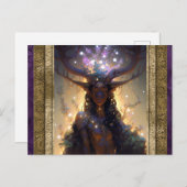 小妖精や小人女性と〔雄ジカの〕枝角ファンタジー芸術 ポストカード (正面/裏面)