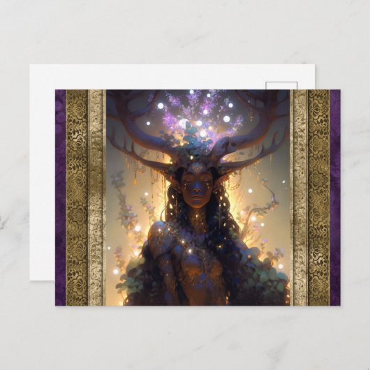 小妖精や小人女性と〔雄ジカの〕枝角ファンタジー芸術 ポストカード (正面/裏面)