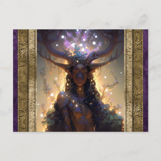 小妖精や小人女性と〔雄ジカの〕枝角ファンタジー芸術 ポストカード (正面)