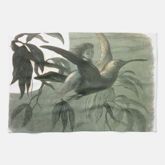 小妖精や小人妖精小人ムーンナイトシーン飛んでいるバード キッチンタオル (横)