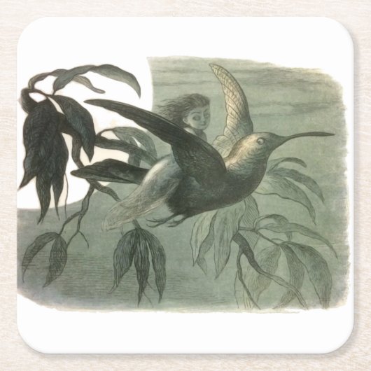 小妖精や小人妖精小人ムーンナイトシーン飛んでいるバード スクエアペーパーコースター (正面)