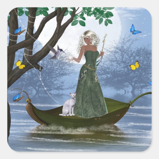 小妖精や小人白猫が葉に乗る2 スクエアシール (正面)