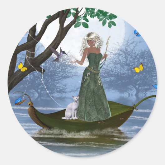小妖精や小人 – 白猫が葉のステッカーに乗る ラウンドシール (正面)