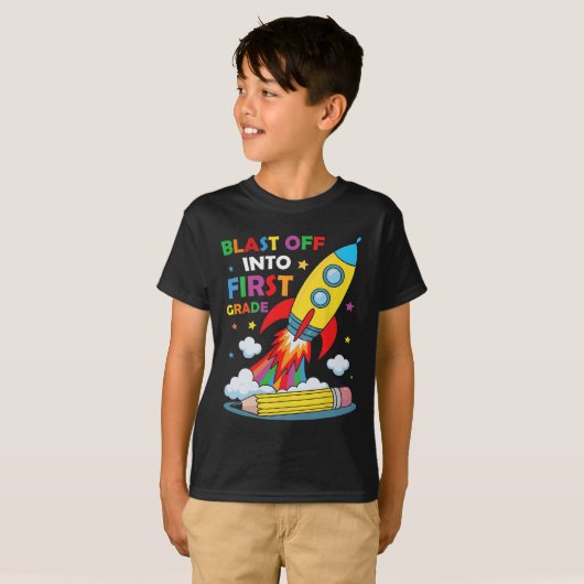 小学校1年生の初めての学校の日に打ち上げ Tシャツ (正面フル)