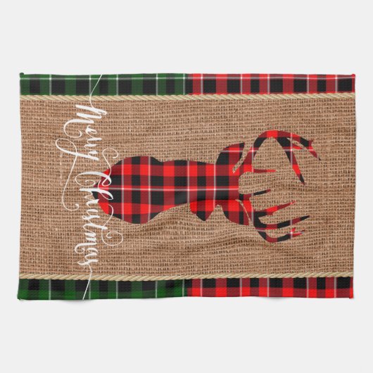 小屋のスタイル-バーラップ及び格子縞の格子縞のシカの頭部 キッチンタオル (横)