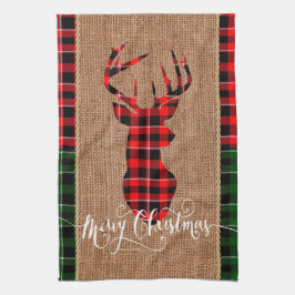 小屋のスタイル-バーラップ及び格子縞の格子縞のシカの頭部 キッチンタオル