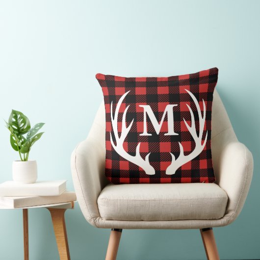 小屋の素朴なシカの(雄ジカの)枝角のバッファローの点検の格子縞 クッション (椅子)