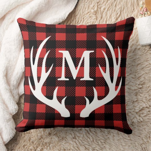 小屋の素朴なシカの(雄ジカの)枝角のバッファローの点検の格子縞 クッション (ブランケット)
