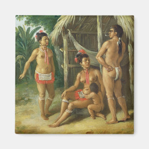 小屋、c.17の外のリーワード諸島のカリブ族家族 マグネット